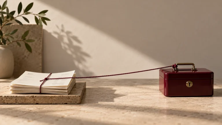 Παραστατικά πωλήσεων συνδεδεμένα με ένα burgundy μεταλλικό κουτί, ως οπτική μεταφορά της χρονικής απόστασης ανάμεσα στην πώληση και την είσπραξη.